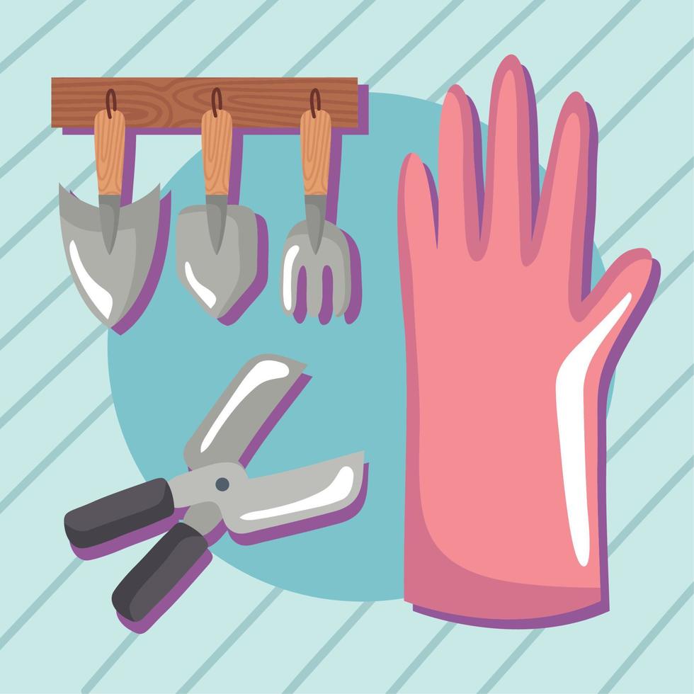 gardening tools hanging with glove vector