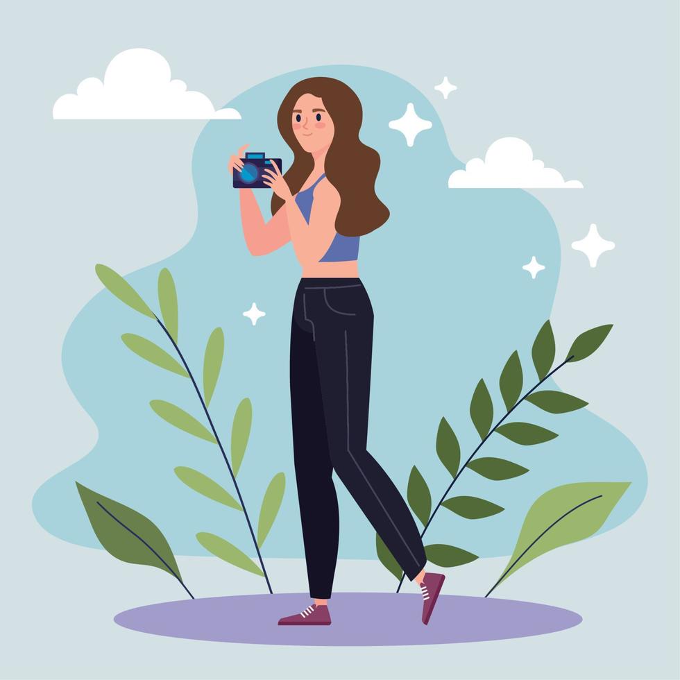 mujer con camara fotografica vector