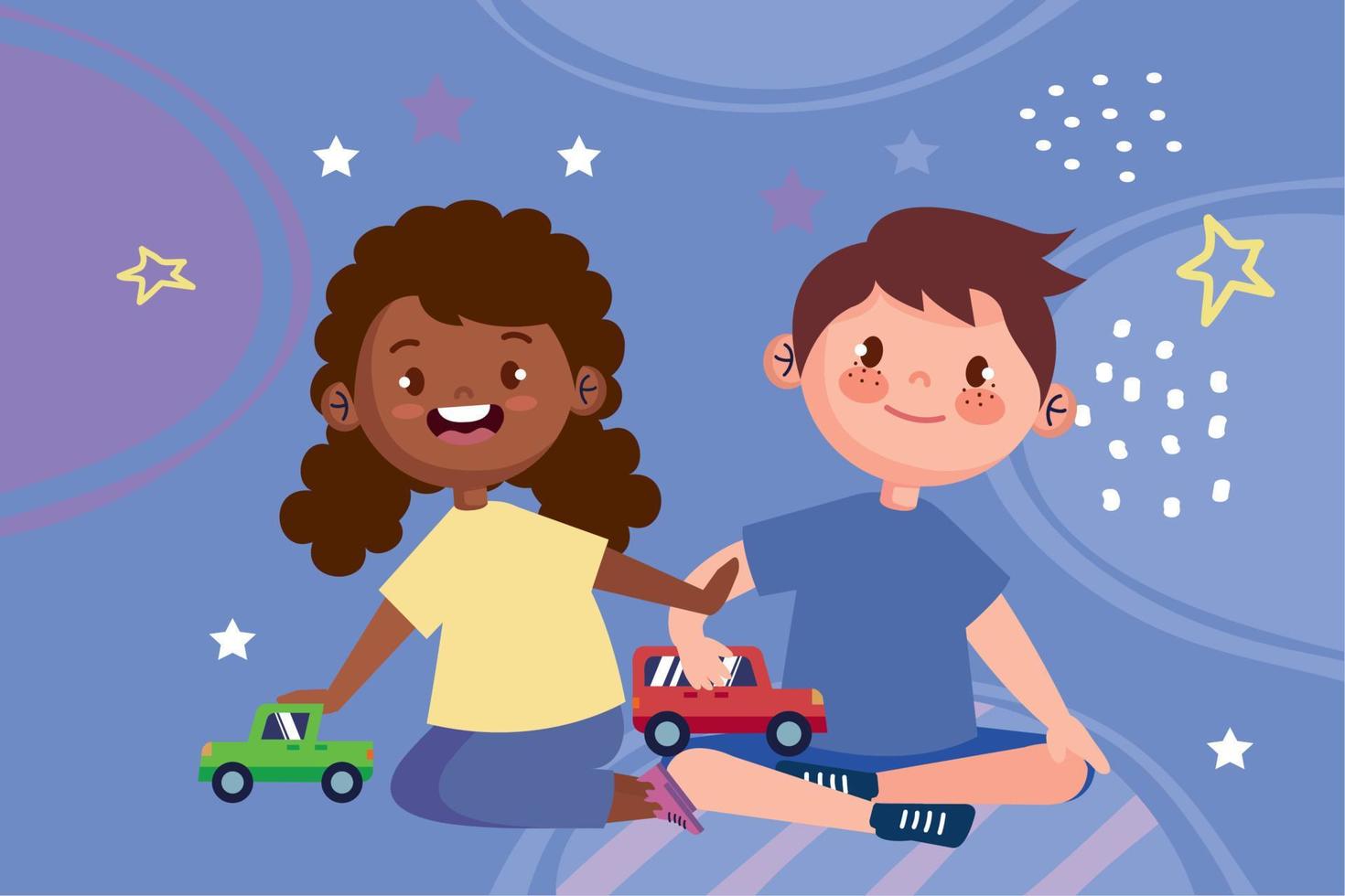 interracial kids playing with cars vector