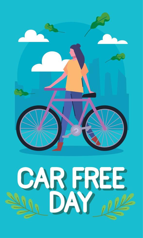 car free day lettering with female cyclist vector