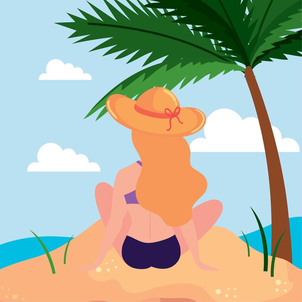 blond girl seated on the beach vector