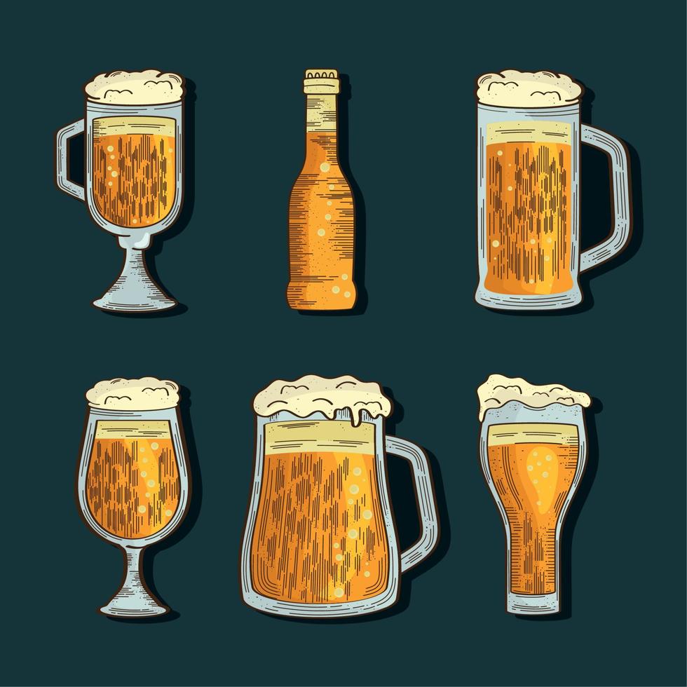 seis iconos de cervezas oktoberfest vector