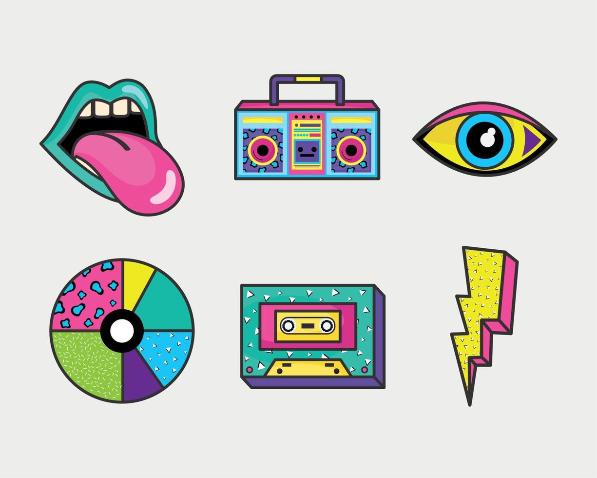 nineties set icons vector