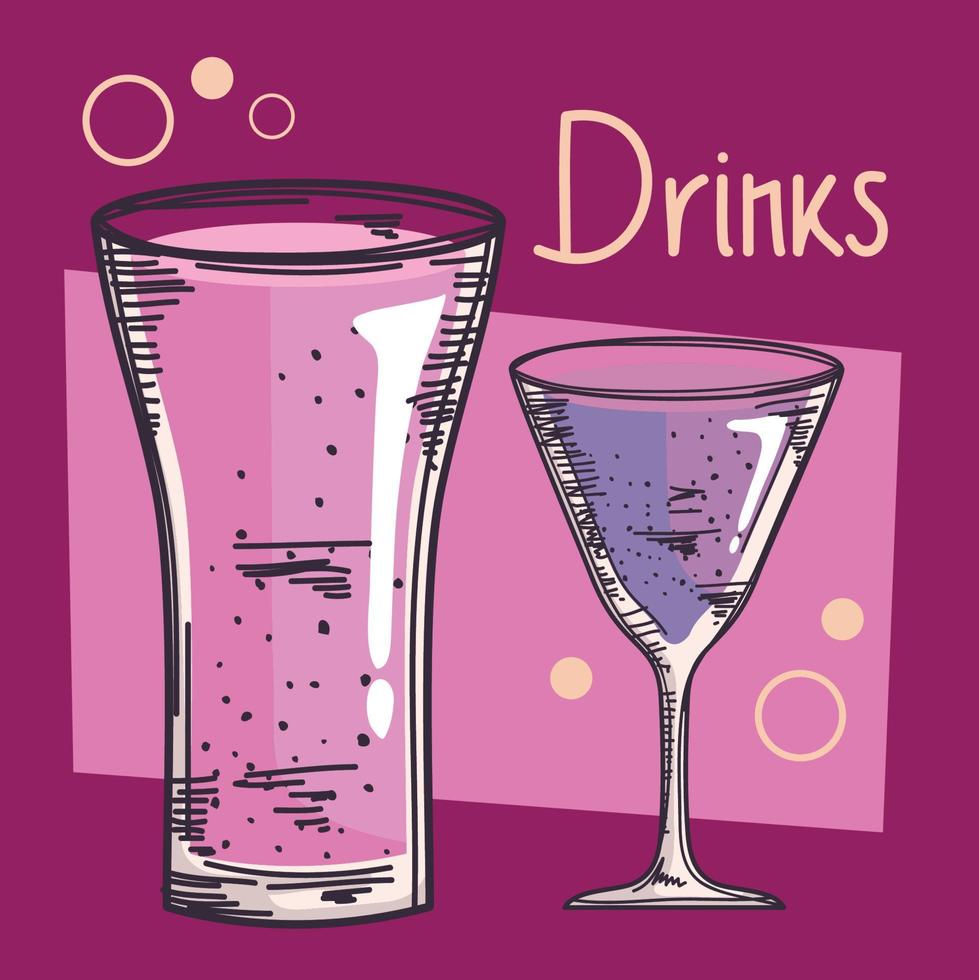 drinks lettering with glass and cup vector