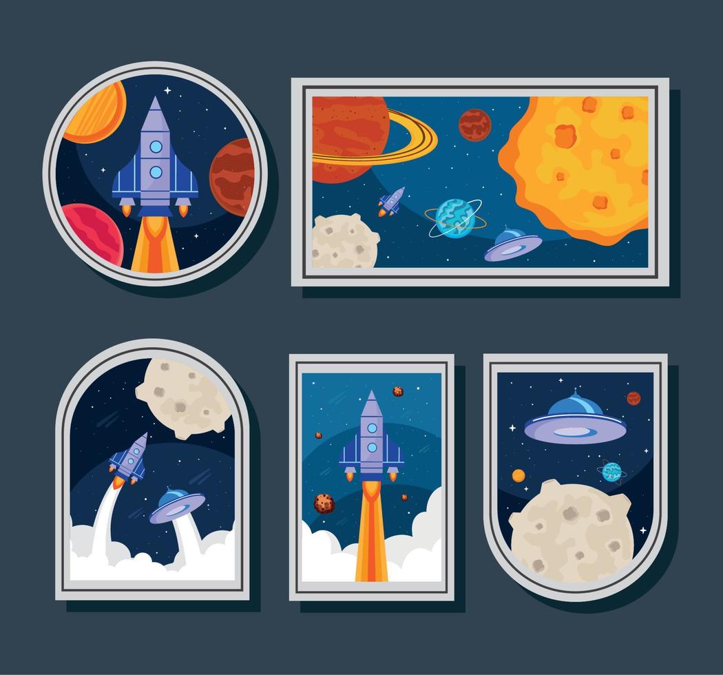 five space retro stickers vector