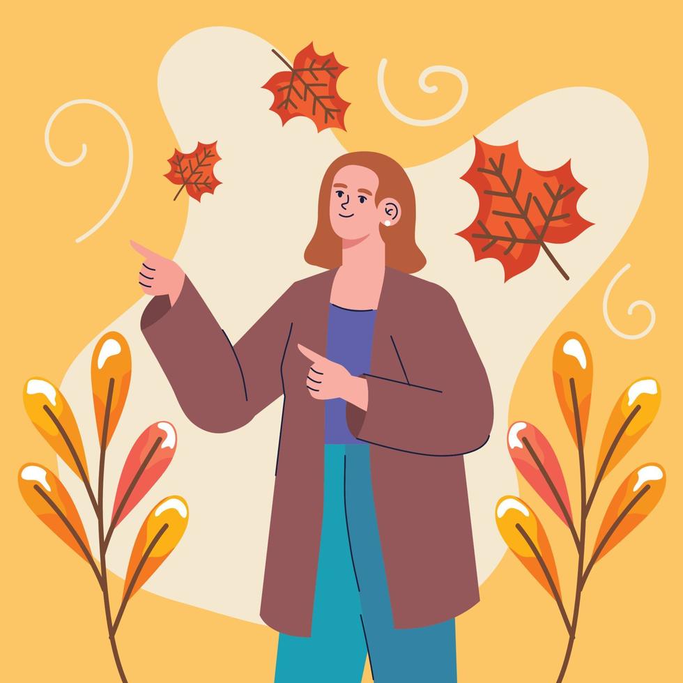 mujer con hojas de otoño vector