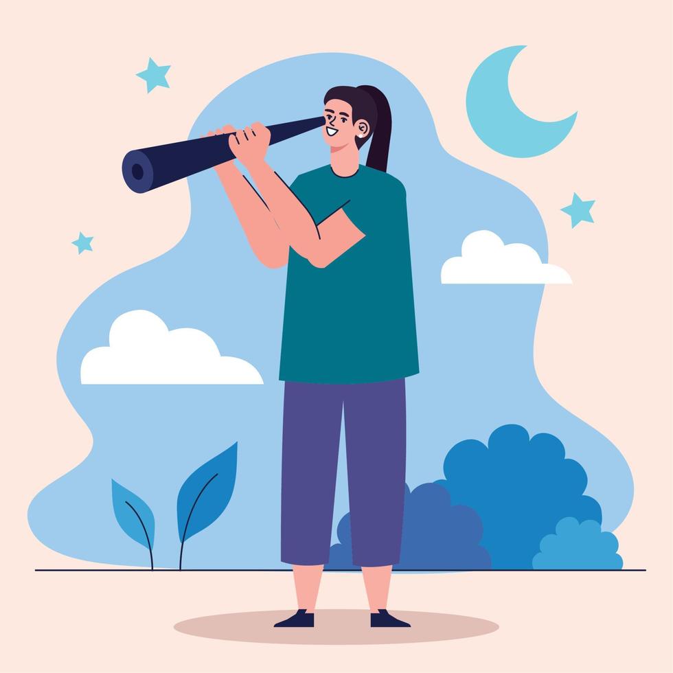 woman with telescope at night vector