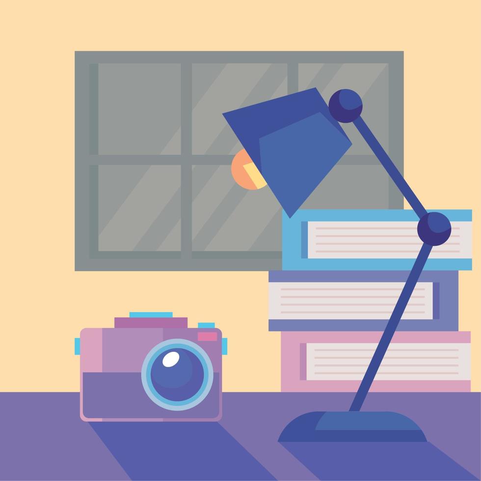 camera photographic and desklamp vector