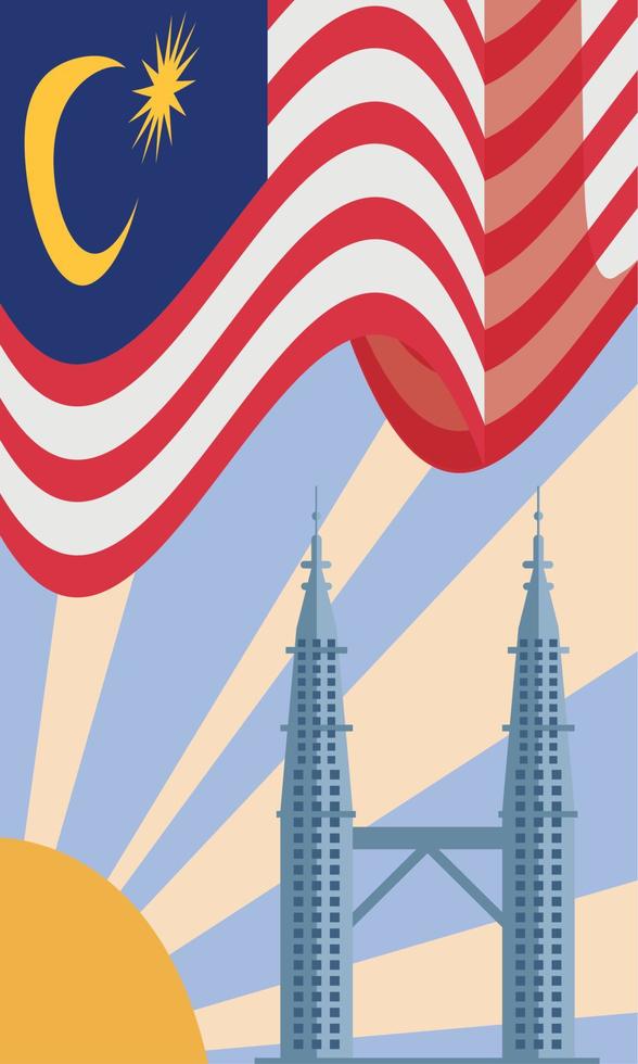 petronas towers with flag waving vector