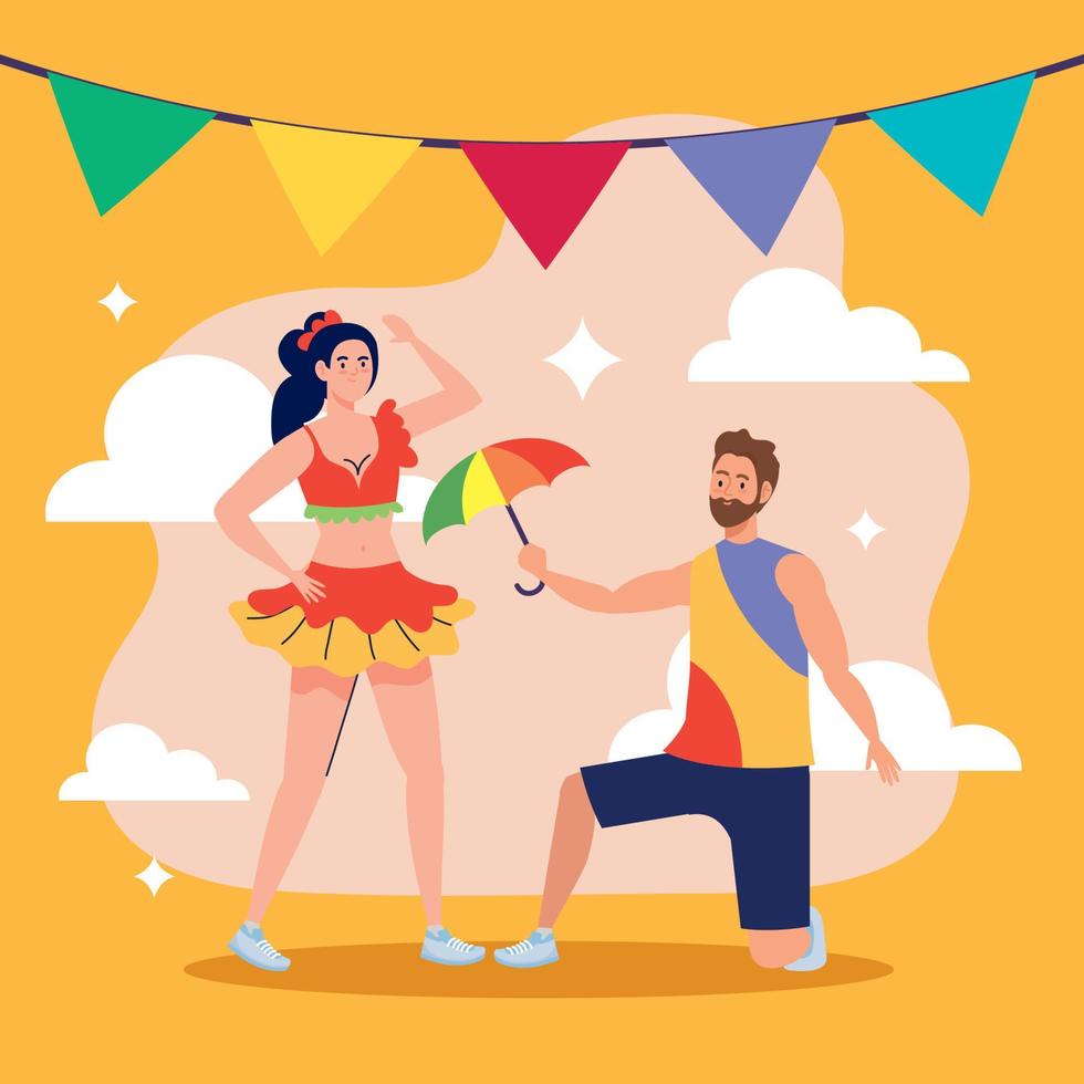 dancers couple with umbrella and garlands vector