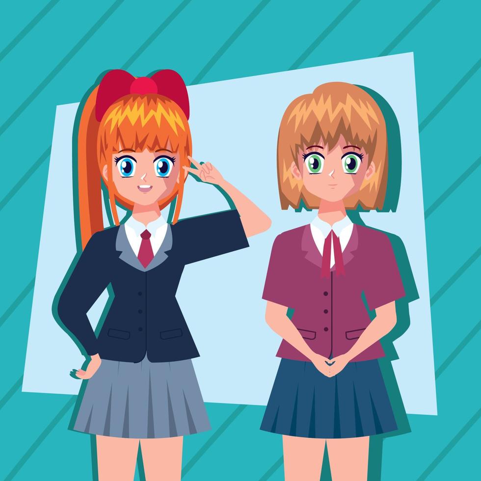 chicas anime en fondo de madera vector