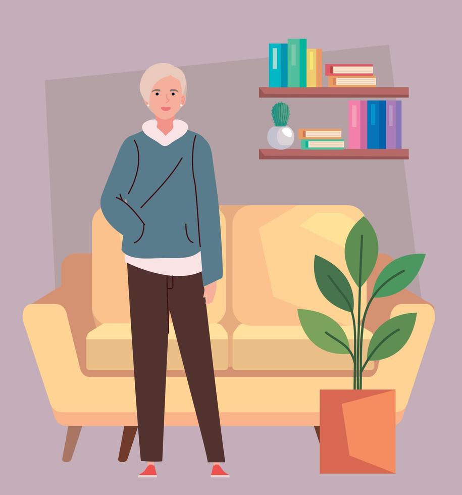 old woman modeling in livingroom vector