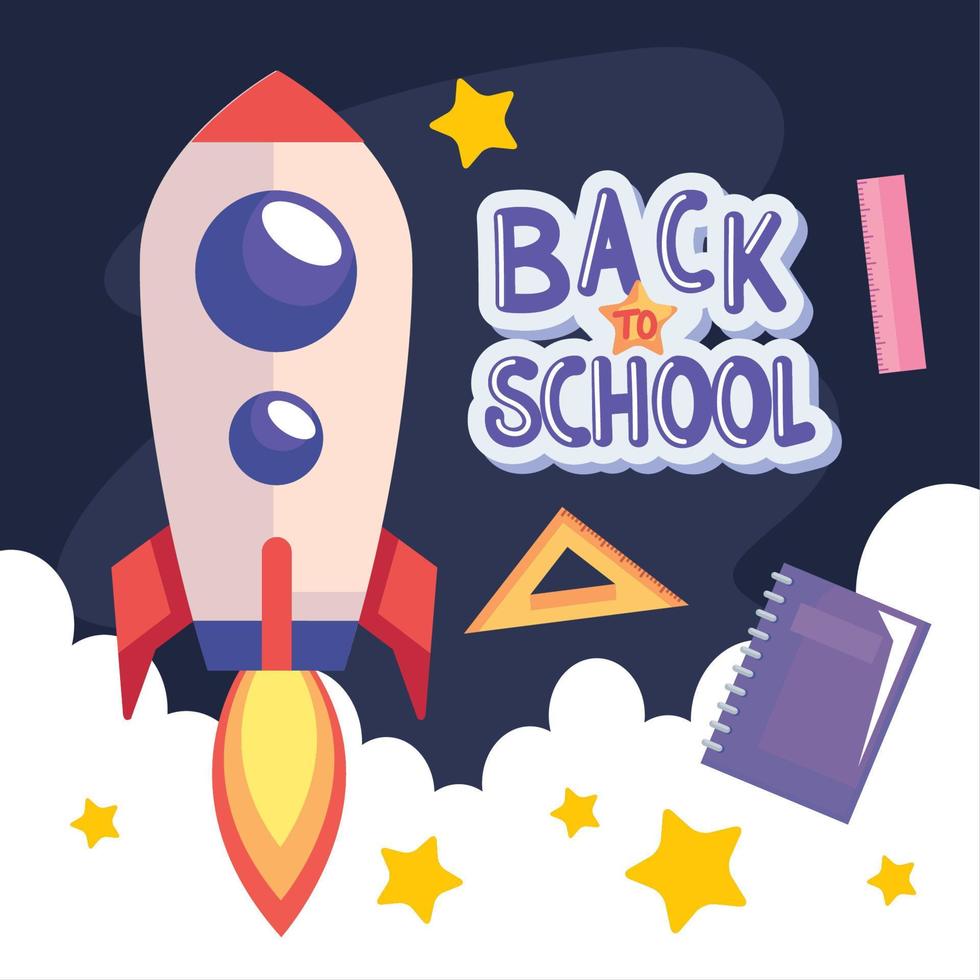 back to school lettering with rocket vector