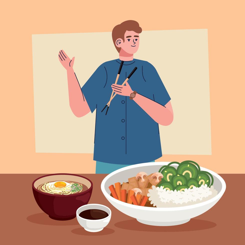 hombre comiendo undon y ramen vector