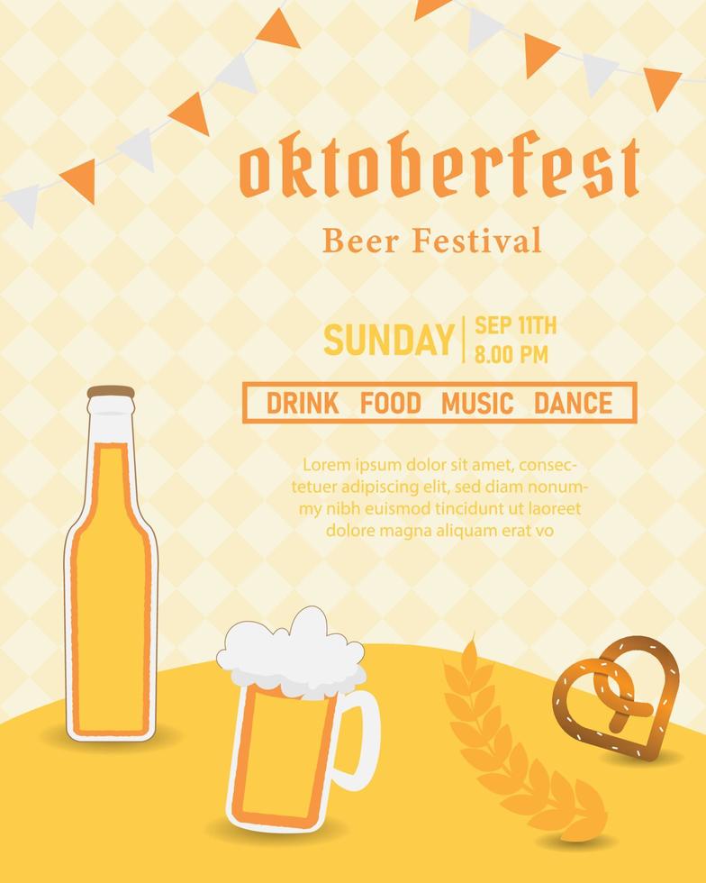 Oktoberfest party poster illustration with fresh dark beer, pretzel, and blue and white party flag. Vector celebration flyer template for traditional German beer