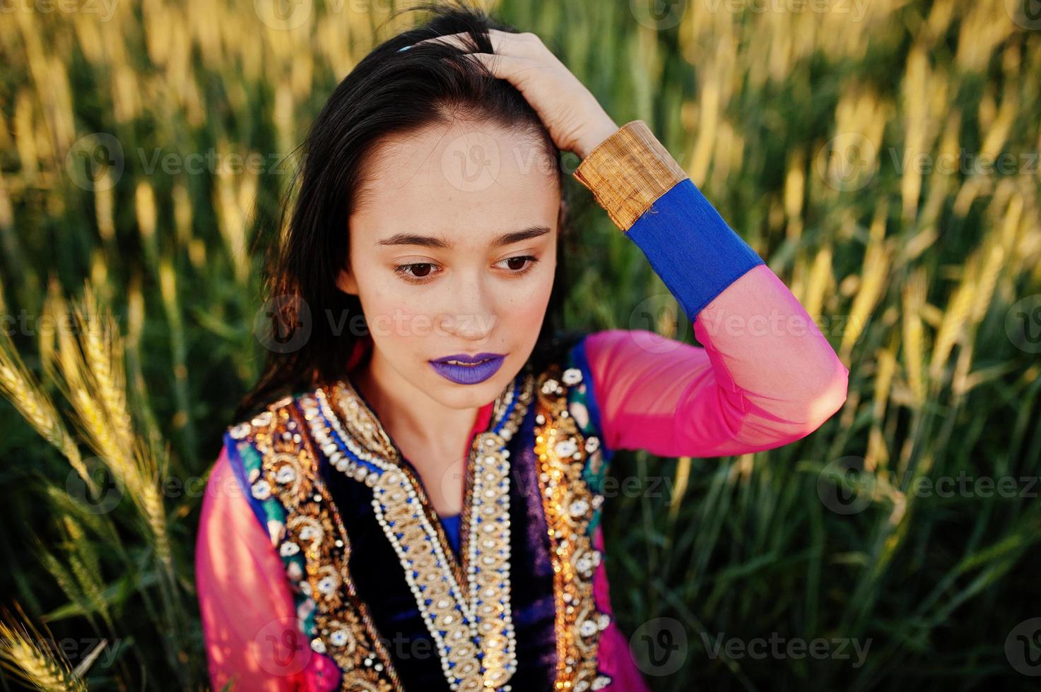 Tender indian girl in saree, with violet lips make up posed at field in sunset. Fashionable india model. photo