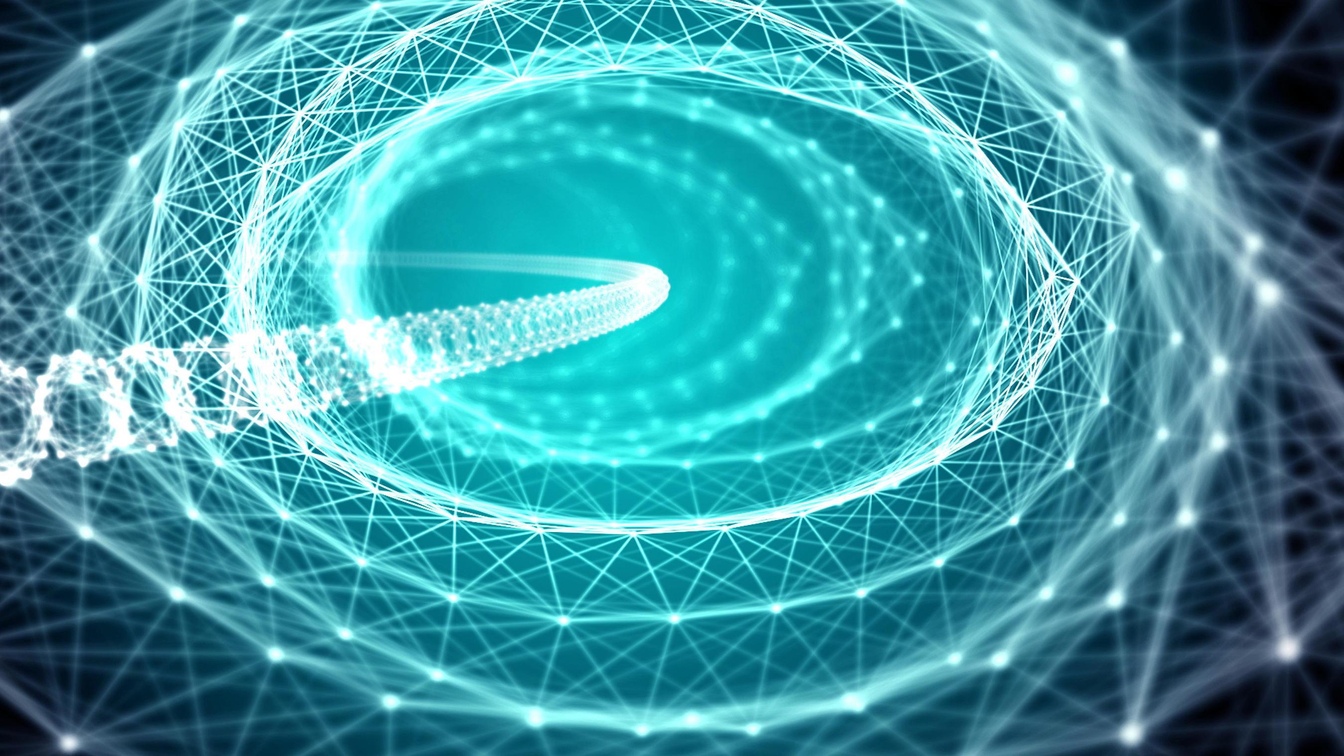 Green abstract tunnel. Light lines and nodes plexus structure. Central