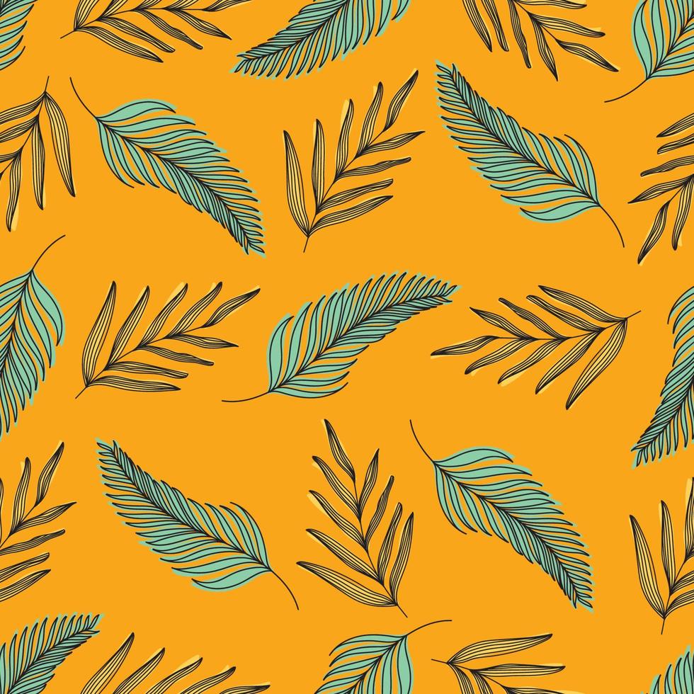 Tropical flowers on a background of palm leaves. Seamless pattern with tropical plants leaves and flowers. Tropical illustration. Jungle foliage. Vector seamless pattern for fabrics, packaging, gifts