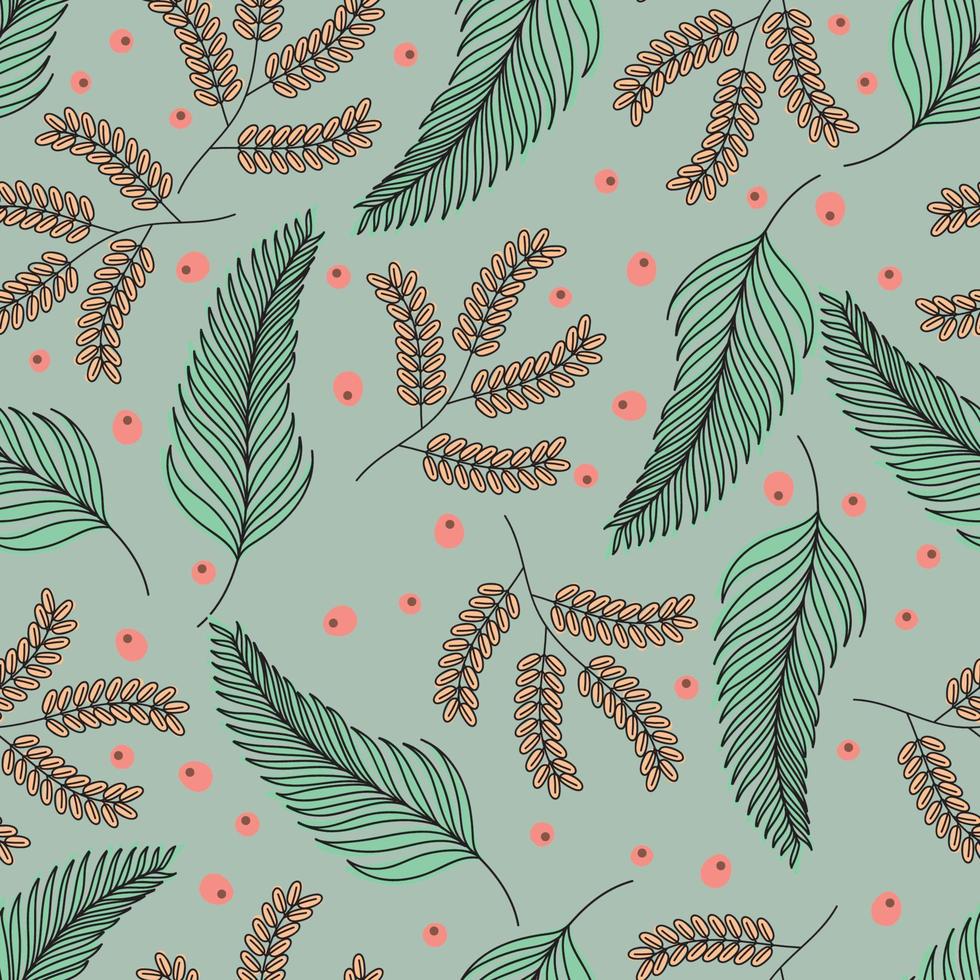 Tropical flowers on a background of palm leaves. Seamless pattern with tropical plants leaves and flowers. Tropical illustration. Jungle foliage. Vector seamless pattern for fabrics, packaging, gifts