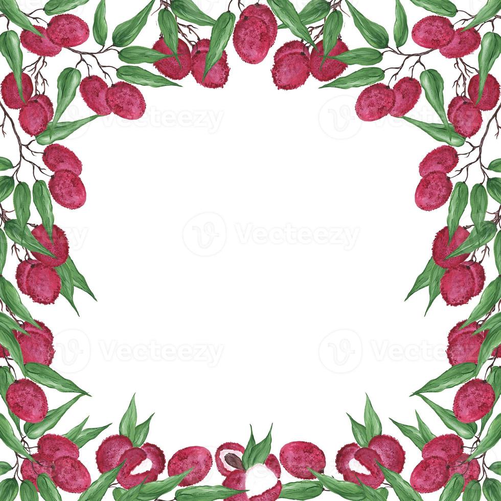 Frame with bright pink round lychee berries on a branch with green leaves on a white background. Watercolor illustration. Template with place for text for invitations and greeting cards. photo