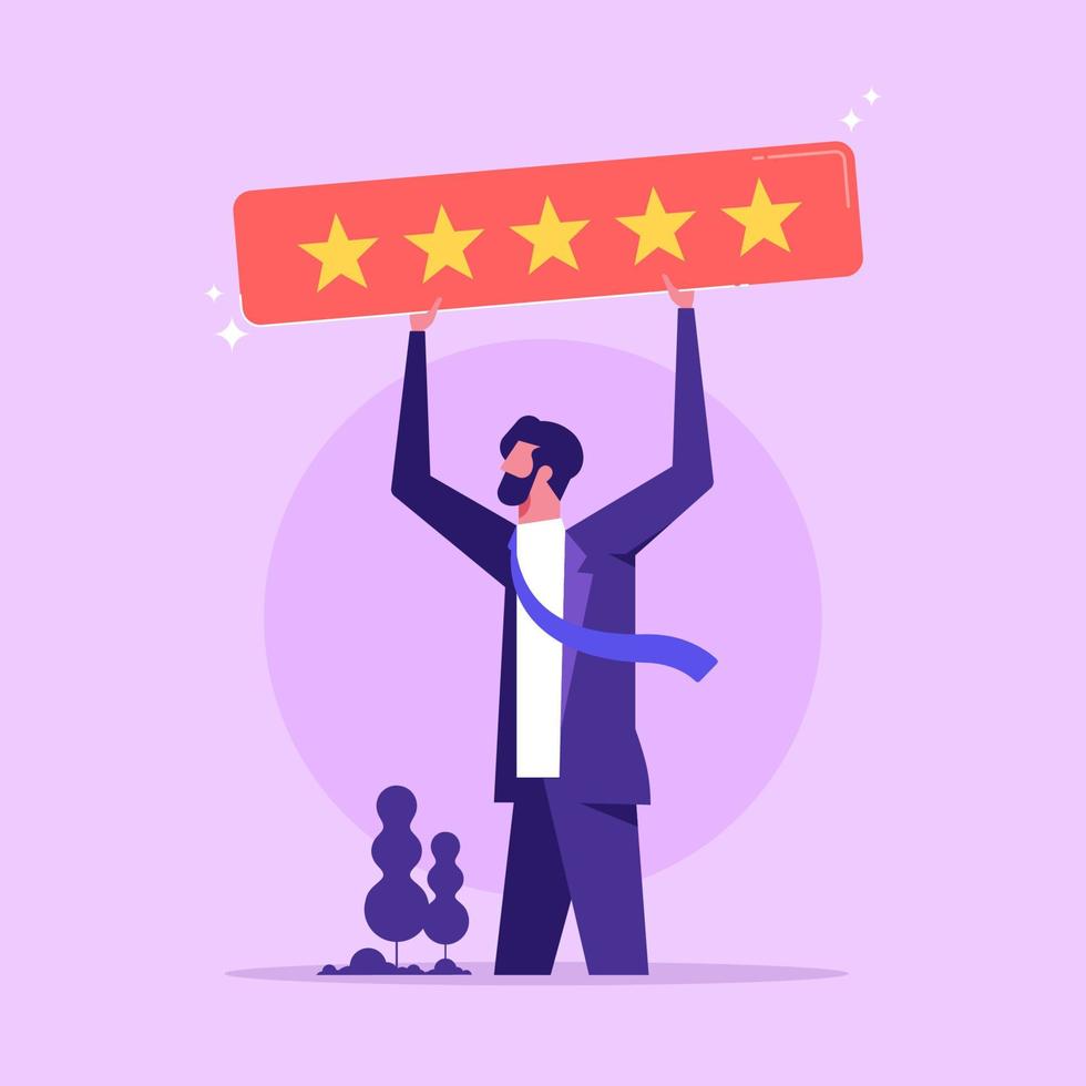 Happy businessman holding five golden stars customer review. Customer Service and User Experience Concept vector