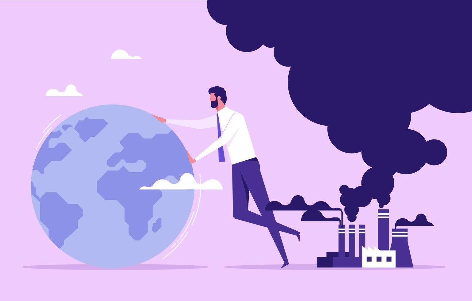 Businessman trying to save planet earth from climate change. CO2 emission. Climate change problem concept. Flat cartoon vector illustration