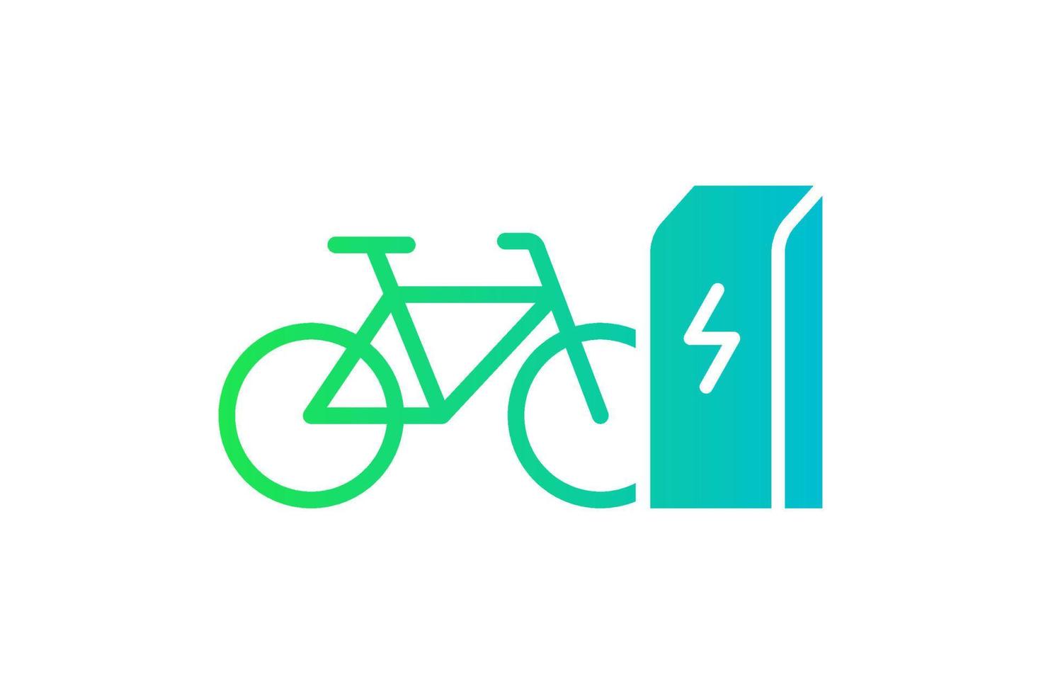 Electric bicycle charging in charger station icon. Electrical bike energy charge green gradient symbol. Eco friendly electro cycle recharge sign. Vector eps battery powered e-bike transportation