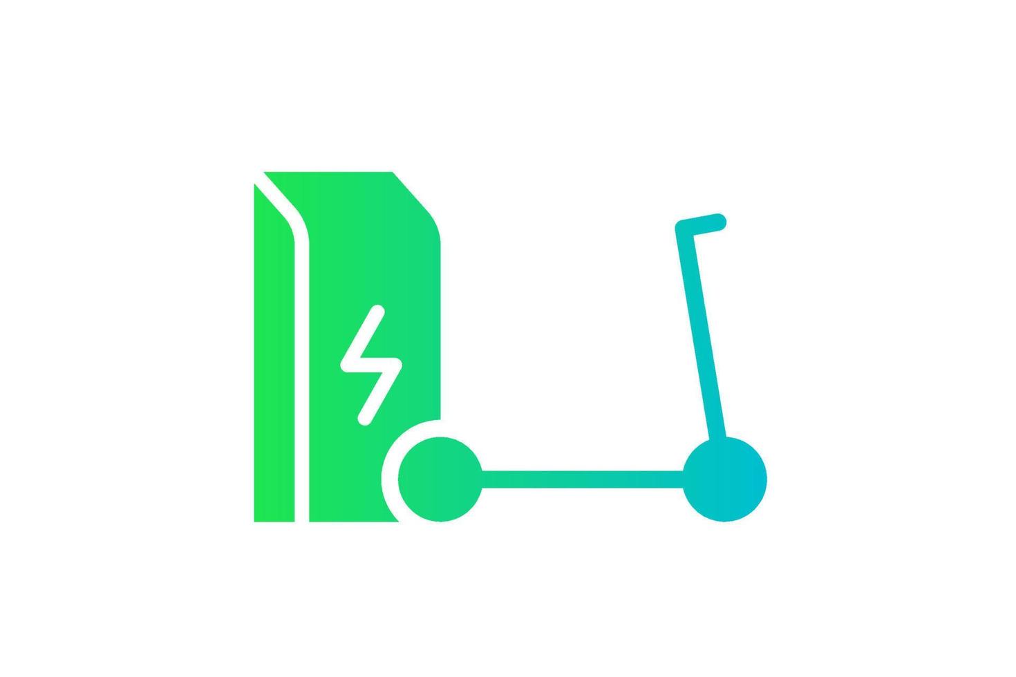 Electric push scooter charging in charger station icon. Electrical kick e-scooter energy charge green gradient symbol. Eco friendly electro vehicle recharge eps sign. Battery powered EV transportation vector