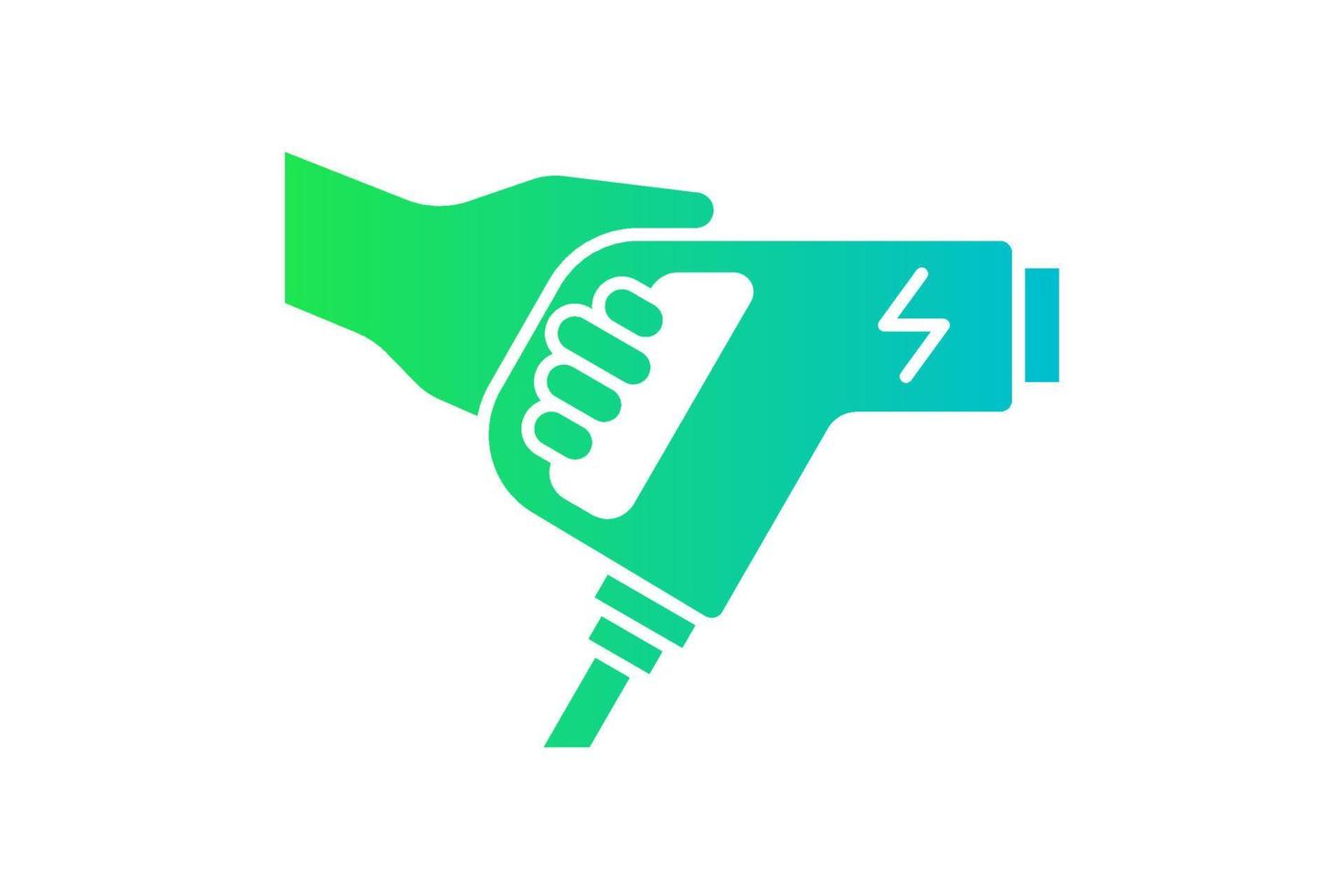 Hand holding electric charger connector green gradient icon. Electrical transportation energy charging plug symbol. Eco friendly electro vehicle charge sign. Battery powered EV transport station logo vector