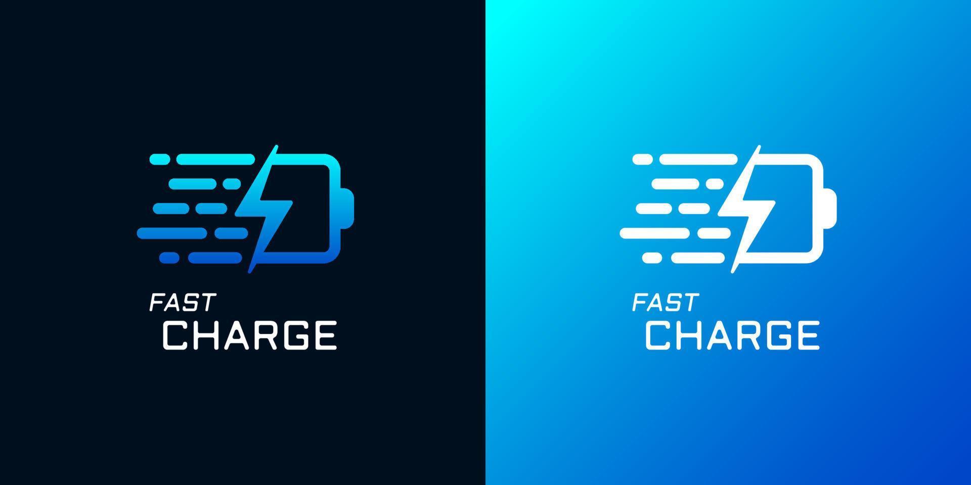 Fast electric charging logo. Battery with lightning quick electrical power charger brand identity symbol. Speed electricity charge linear logotype. Express energy recharge company vector blue insignia