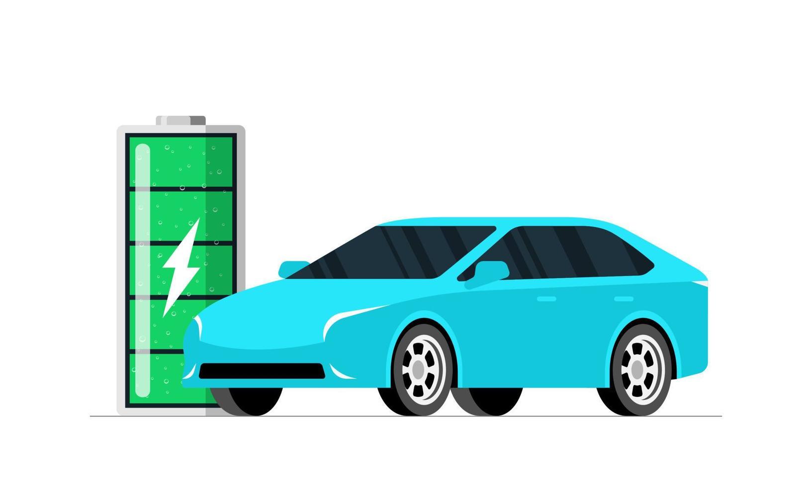 concepto de estación de carga de coches eléctricos. vehículo azul eléctrico inteligente cargando con batería verde. carga de energía de transporte ev moderna electrificada. recarga de energía de transporte ecológico. ilustración vectorial vector