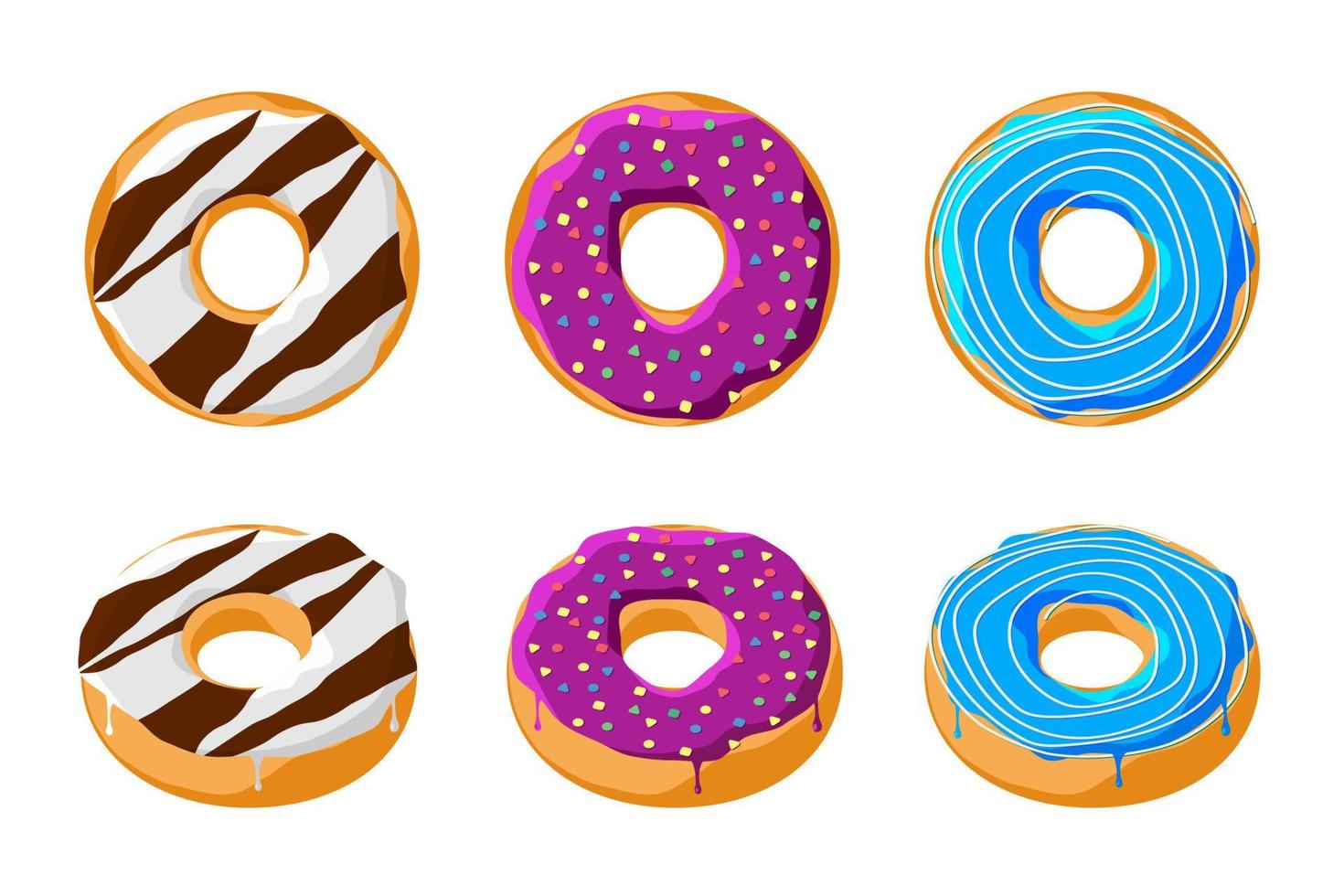 Sweet colorful tasty donut set isolated on white background. Glazed doughnut top view and 3d collection for cafe decoration or menu design. Chocolate purple and blue pastry bakery. Vector illustration