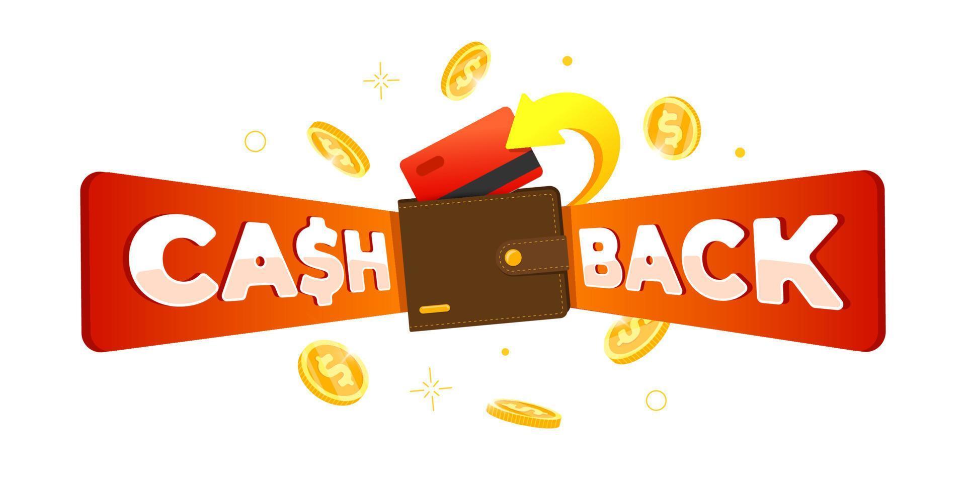 Cashback loyalty program banner concept. Cash back service promo sign with returned gold coins on credit card in wallet. Money or bonus refund advertising. Financial payment badge. Vector illustration