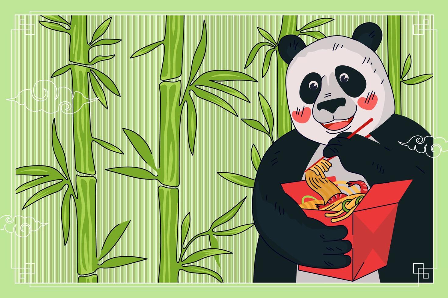 Chinese cuisine noodle box banner concept. China panda eating with chopsticks national meal wok in red cardboard package in bamboo thickets. Asian food poster. Oriental cafe or restaurant advertising vector