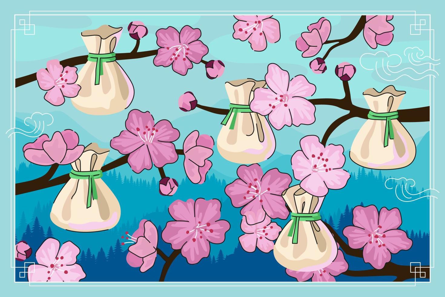 Chinese cuisine wonton banner concept. China national steamed dim sum on plum or peach tree branches with bloom flowers. Asian food dumplings vector poster for oriental cafe or restaurant advertising