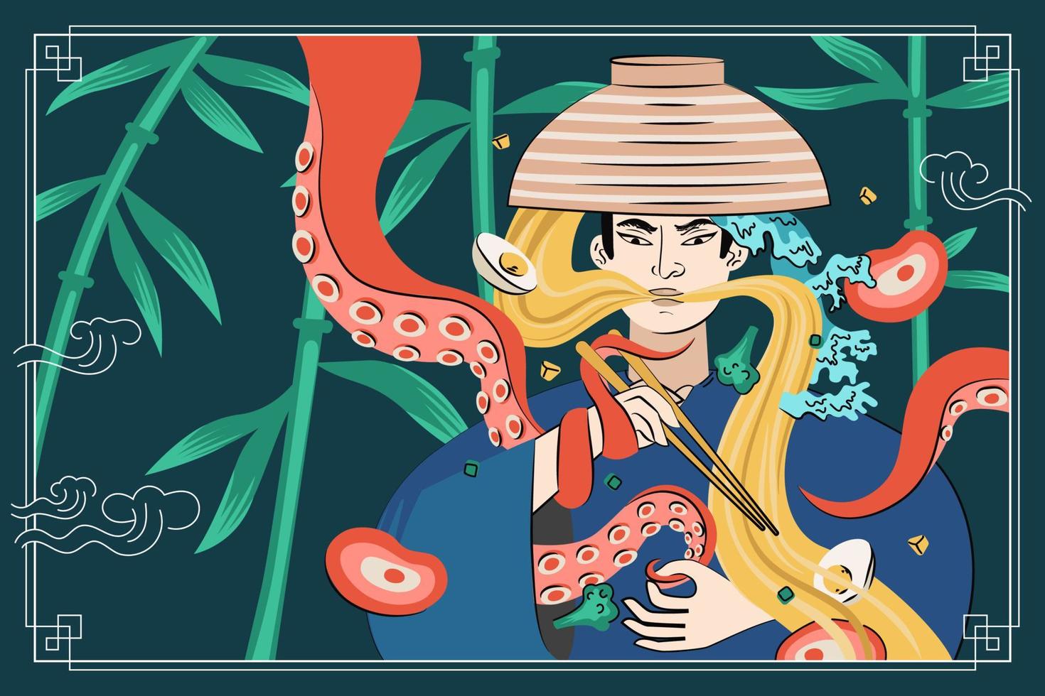 diseño de afiches de dibujo de ramen de comida japonesa. plato de fideos nacional de Japón. tentáculos de calamar o pulpo entrelazados samurai con tazón y palillo. Banner de publicidad de menú de café asiático o decoración de volante. eps vector