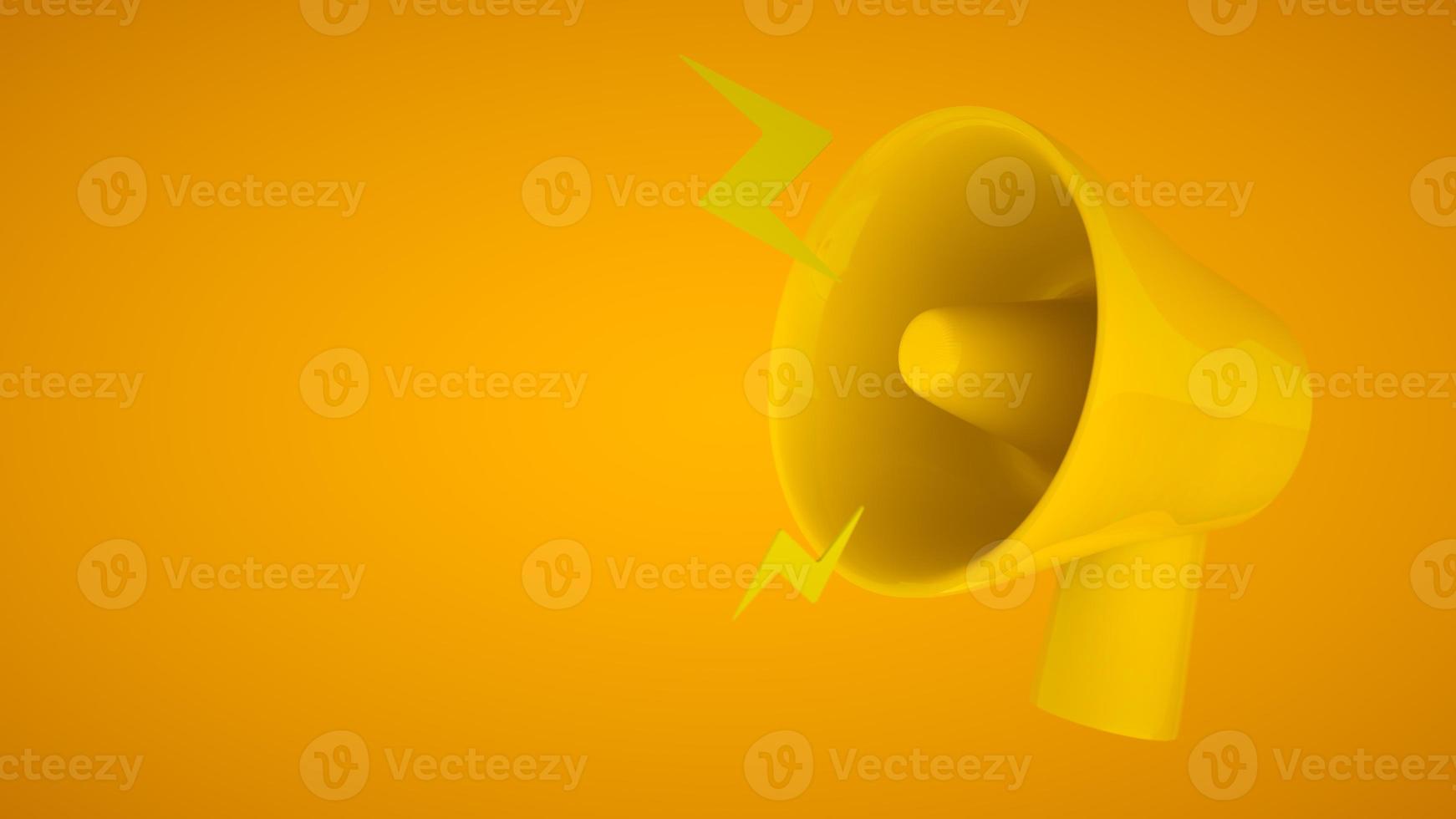 Marketing time concept, realistic 3D yellow megaphone, loudspeaker with lightning. photo