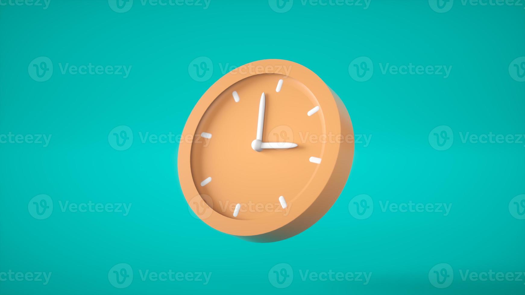Circle orange clock on blue background. Analog clock on pastel simple style background. 3D rendering photo