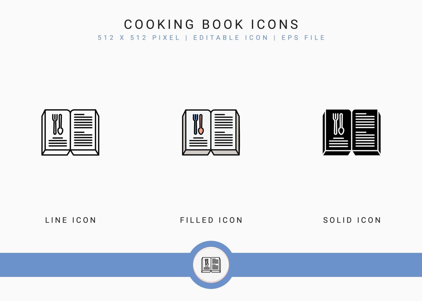 Cooking book icons set vector illustration with solid icon line style. Kitchen utensils concept. Editable stroke icon on isolated background for web design, user interface, and mobile application