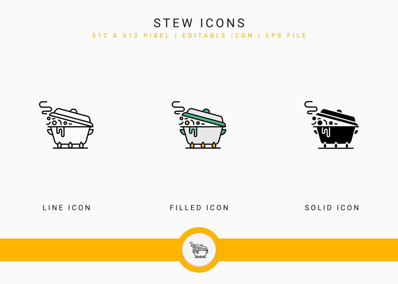 Stew icons set vector illustration with solid icon line style. Kitchen utensils concept. Editable stroke icon on isolated background for web design, user interface, and mobile application