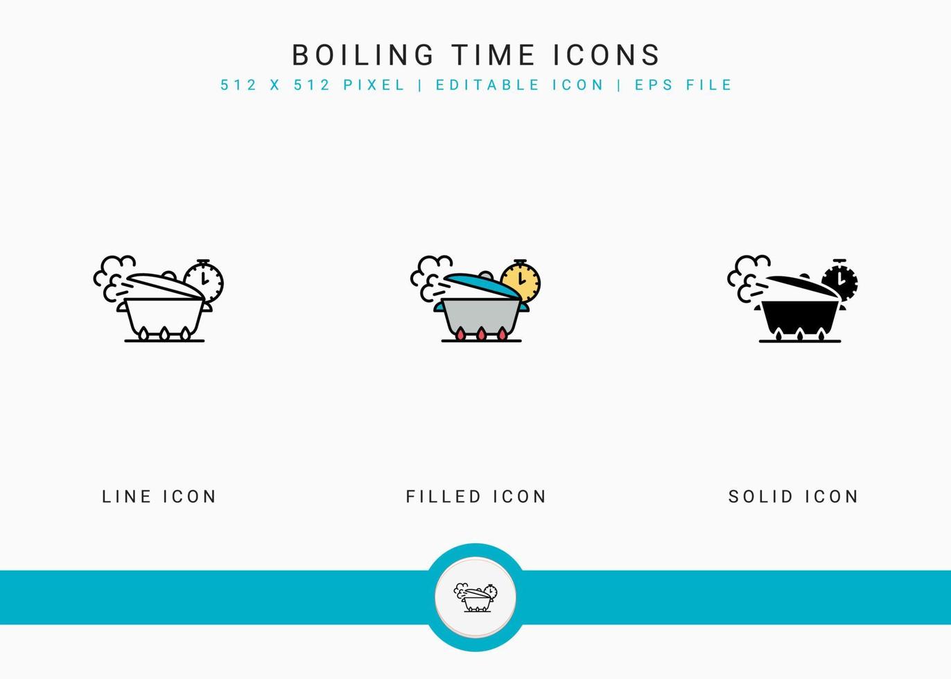 Boiling time icons set vector illustration with solid icon line style. Kitchen utensils concept. Editable stroke icon on isolated background for web design, user interface, and mobile application