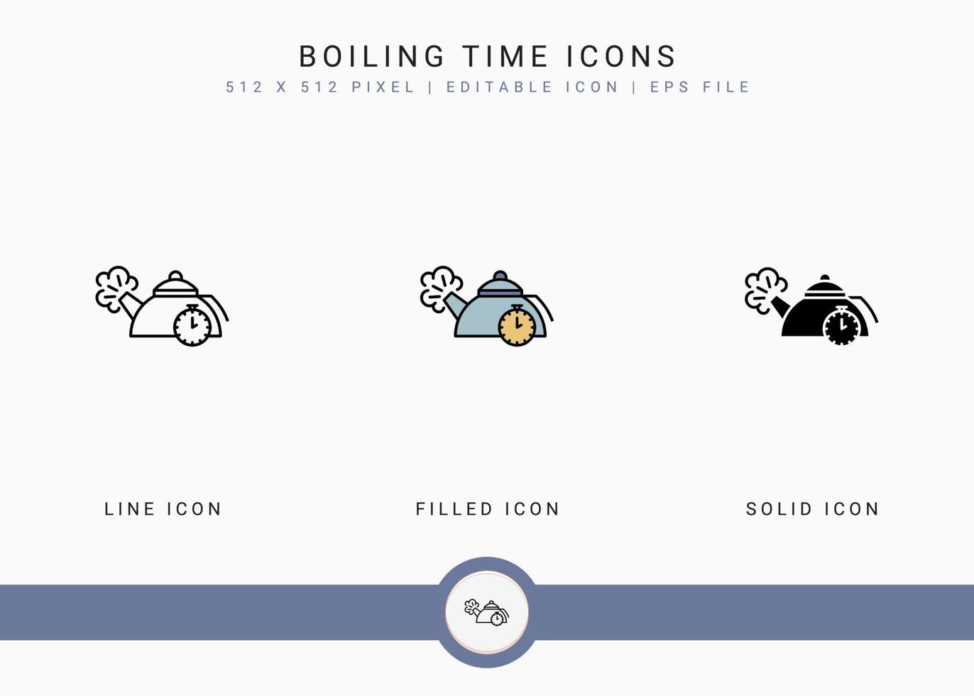 Boiling time icons set vector illustration with solid icon line style. Kitchen utensils concept. Editable stroke icon on isolated background for web design, user interface, and mobile application
