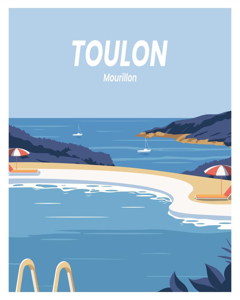 Summer on pool with view on Toulon France. vector poster illustration