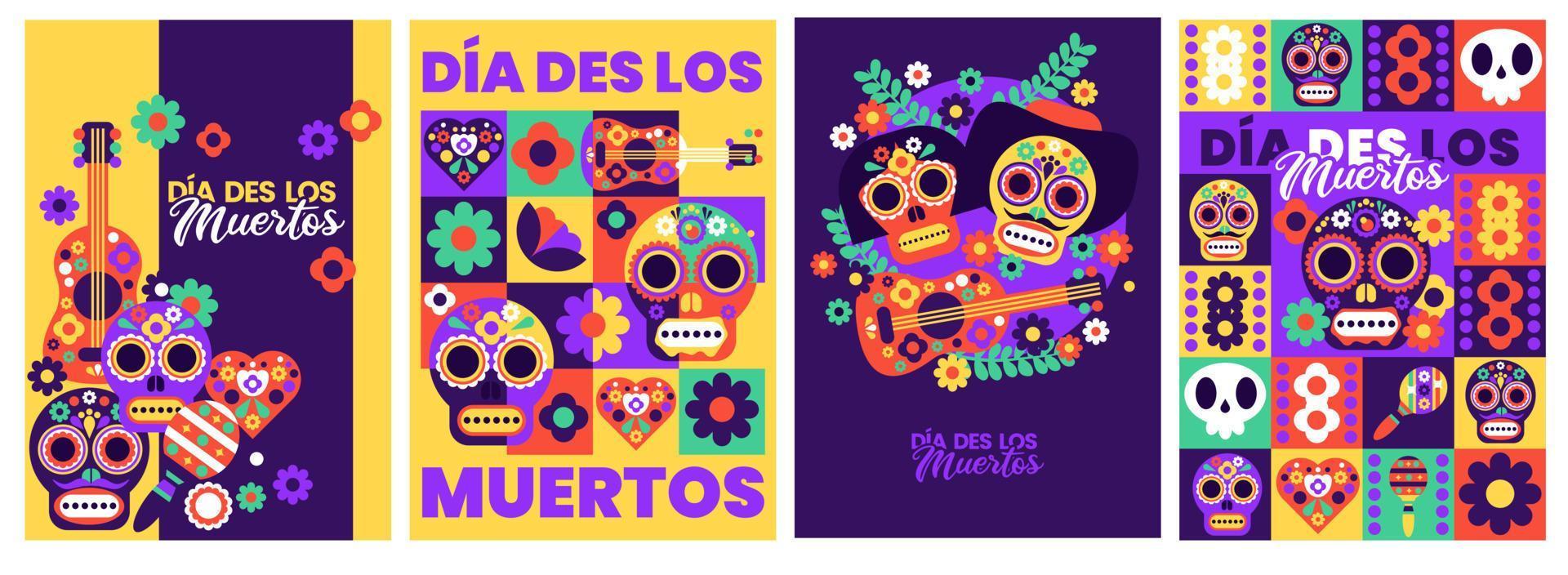 colección geométrica vectorial dia des los muertos con flor, cráneo, objetos aislados de sombrero vector