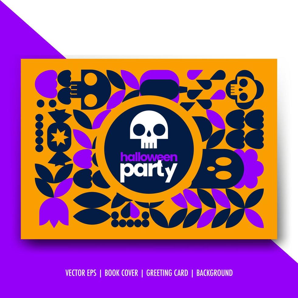 Halloween greeting card, poster with skull, ghost, candy, bone isolated vector objects