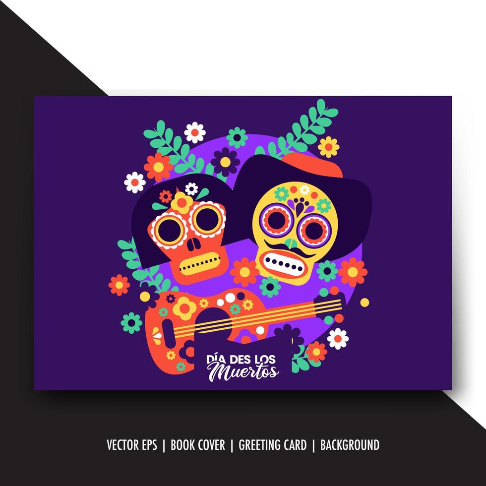 Dia des los muertos vector illustration with flower, skull, sombrero isolated objects