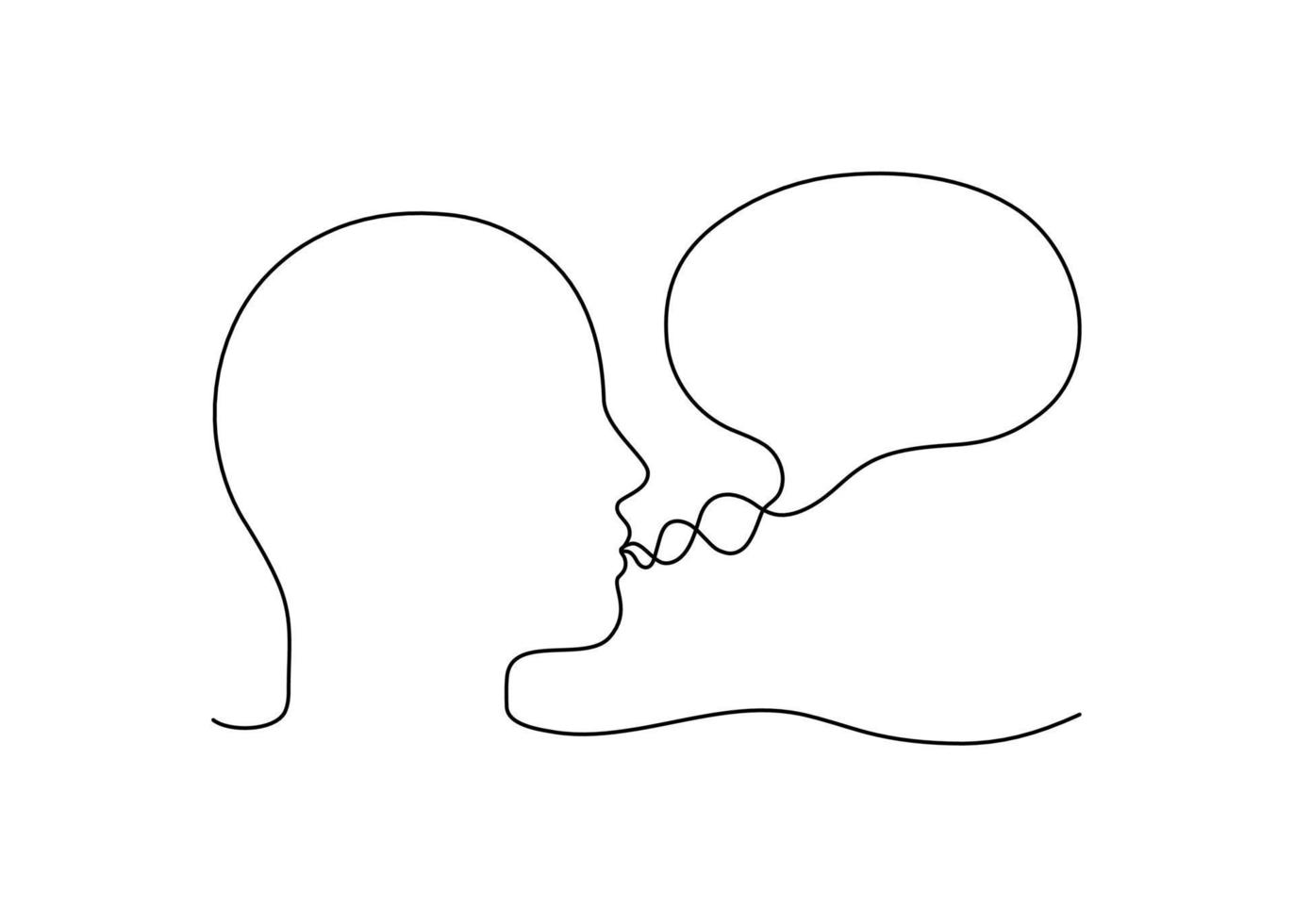 Head man talk with speech bubble outline, conversation person, speak, continuous line drawing. Graphics minimalist linear. Balloon for communication, statement. Vector illustration
