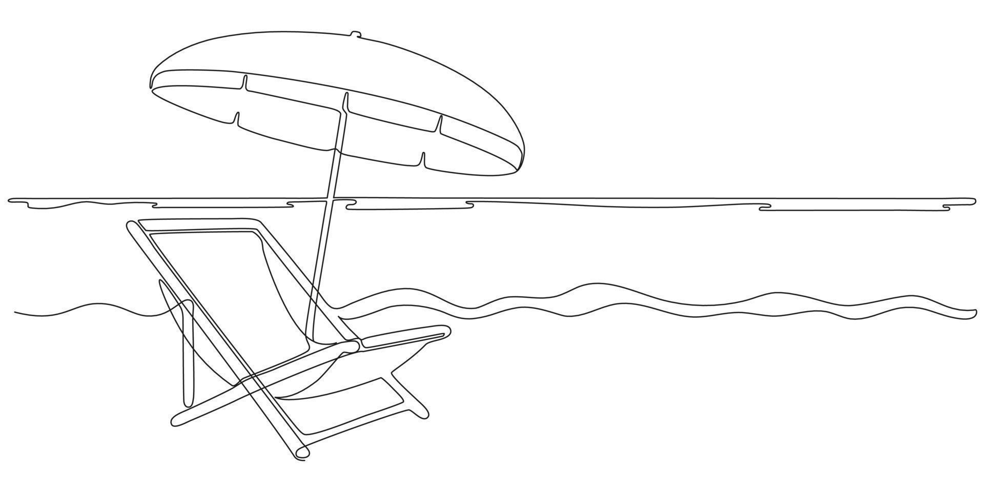 Beach umbrella and chair on beach sea, continuous one line drawing. Beach chaise longue and sunshade for summer holiday. Summertime relax on deck chair on coast of sea. Nature shore. Vector outline