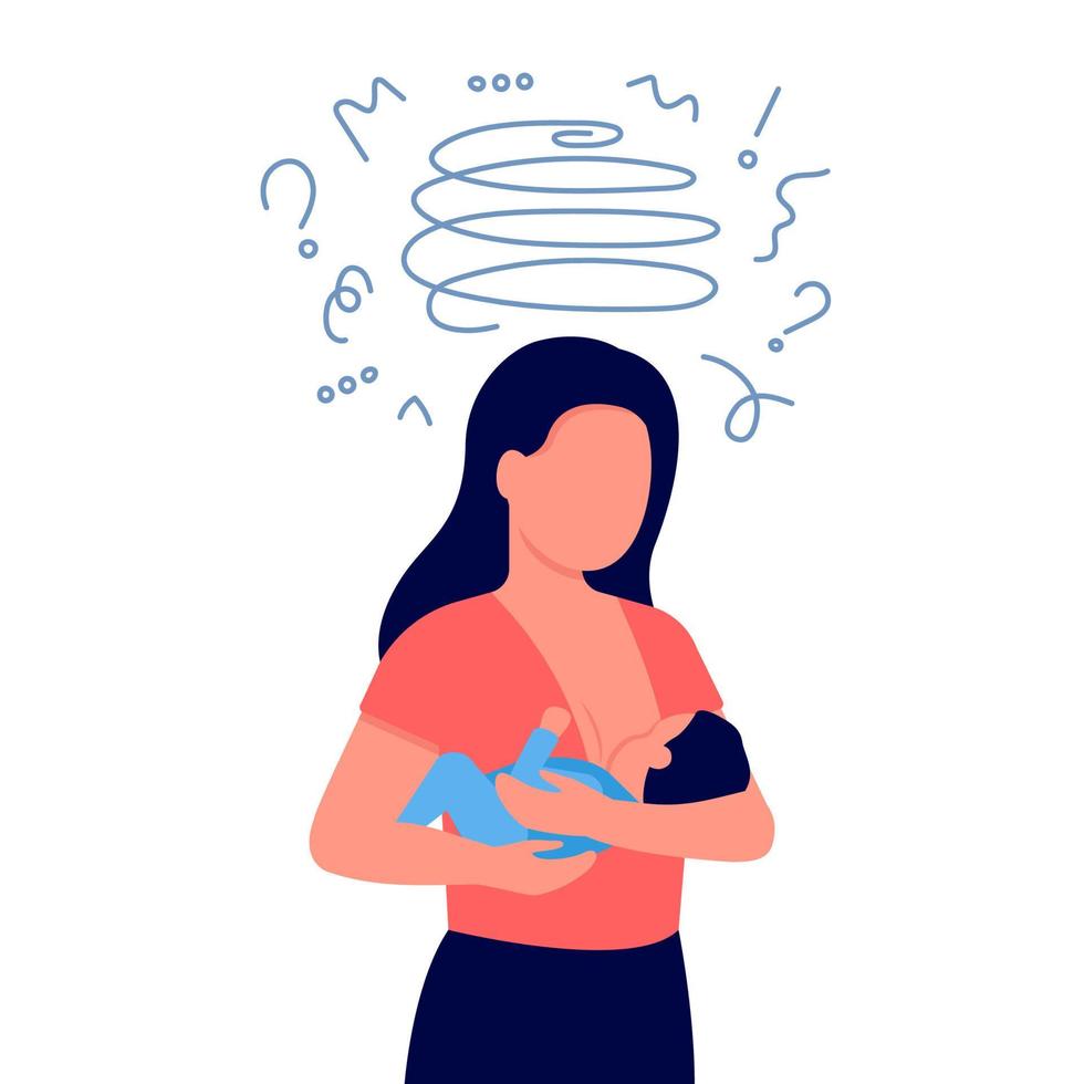 Woman with newborn baby child in her arms in postpartum depression. Unhappy female in doubt, trouble, anxious, asks questions. Breastfeeding problems, maternity assistance, family support. Vector