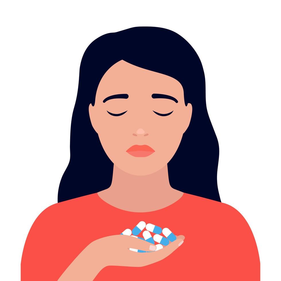 Depressed woman taking antidepressant drug pill, painkillers. Sad girl hold handful medicine. Fighting anxiety hormonal drugs. Medication treating illness or disorder health. Vector illustration